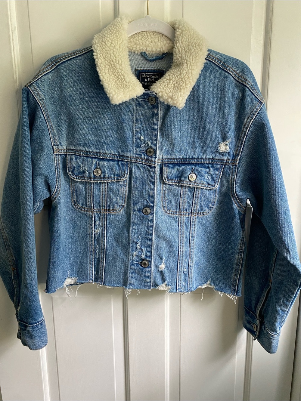 Abercrombie & Fitch Light Blue Distressed Denim Jacket with Cream Sherpa Collar